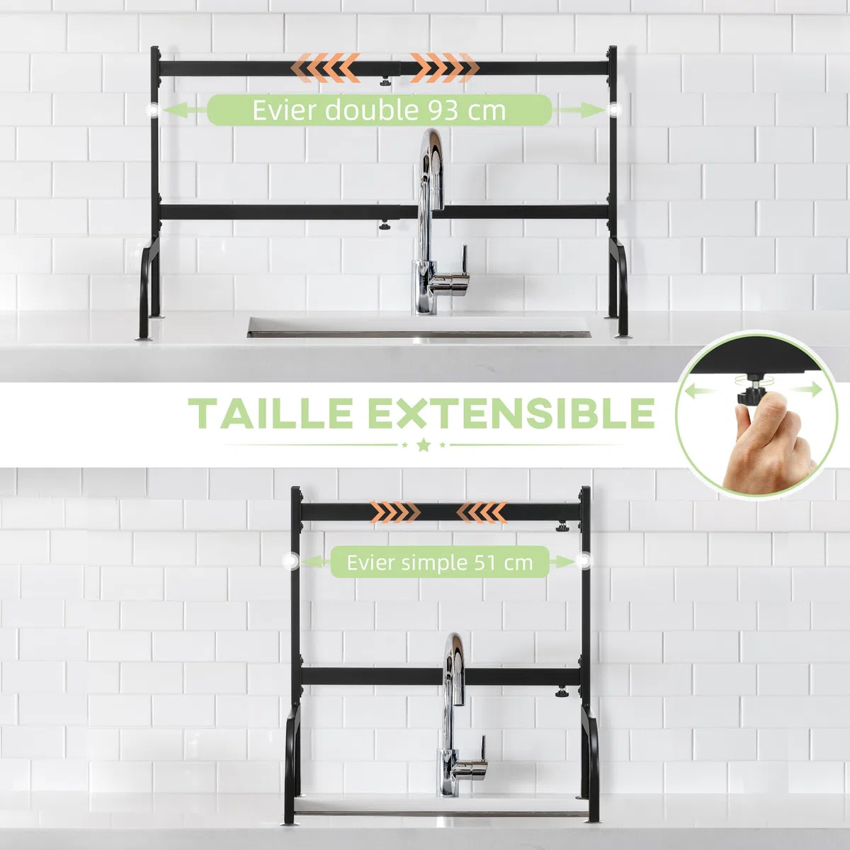 HOMCOM Scolapiatti sopra Il lavandino, essiccatore a 2 Livelli, Larghezza Regolabile da 51 a 93 cm, modulabili in Acciaio, Nero