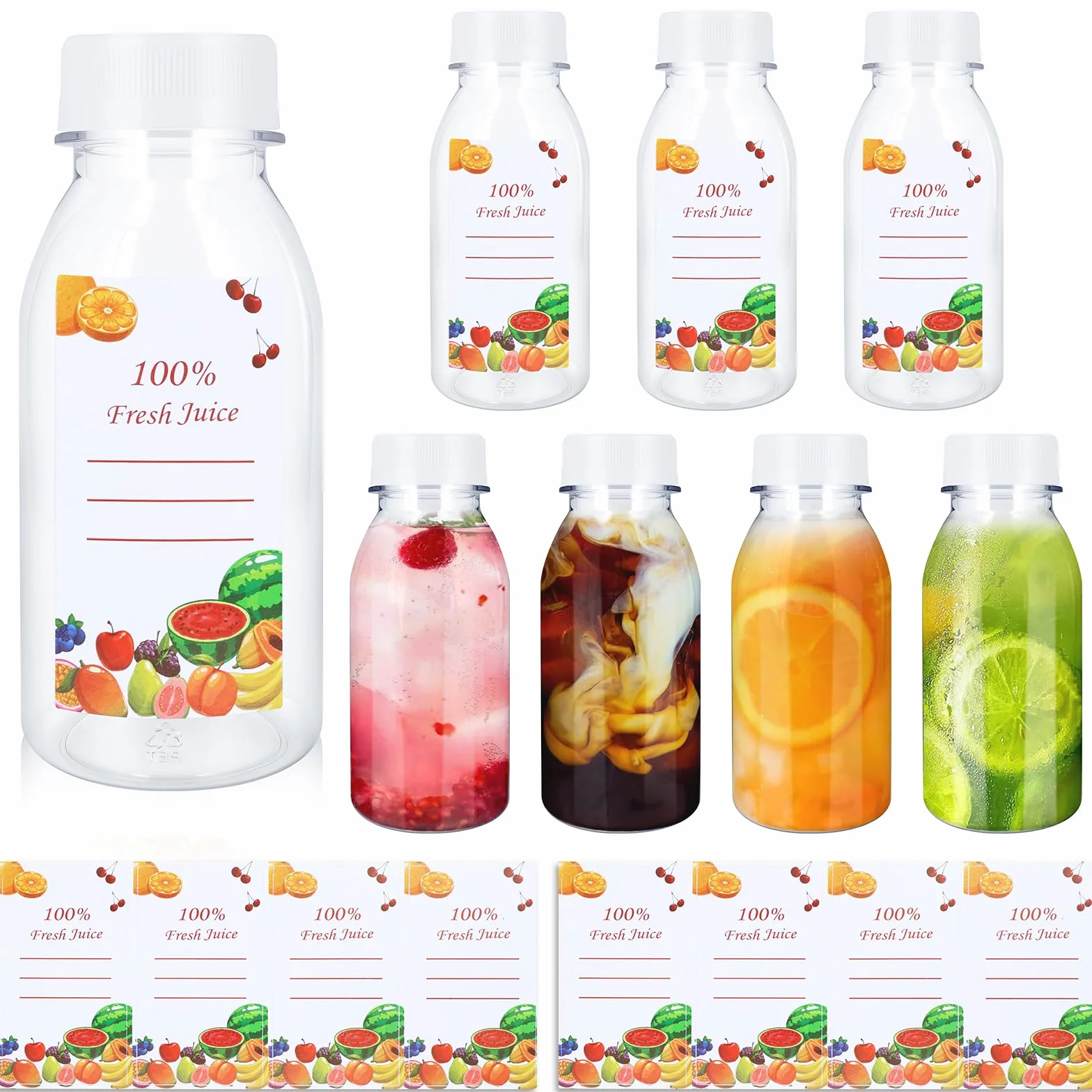 8 Pezzi Bottiglie di Plastica 200ml,Trasparenti Piccole Bottiglie per Bevande con Coperchio Nero e 8 Adesivi,Riutilizzabile Mini Bottiglia di Plastica per Conservare Succhi,Acqua e Bevande