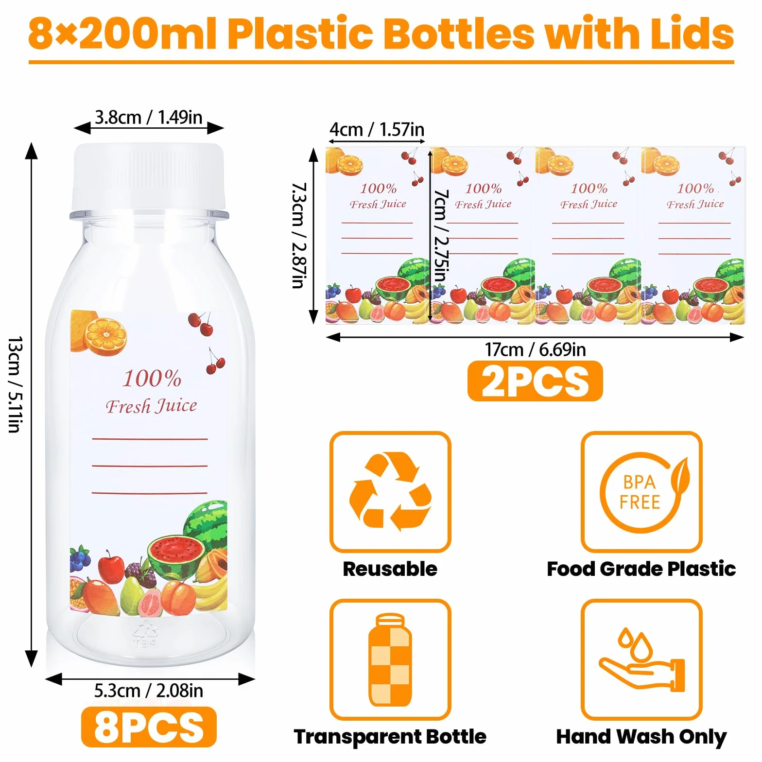 8 Pezzi Bottiglie di Plastica 200ml,Trasparenti Piccole Bottiglie per Bevande con Coperchio Nero e 8 Adesivi,Riutilizzabile Mini Bottiglia di Plastica per Conservare Succhi,Acqua e Bevande