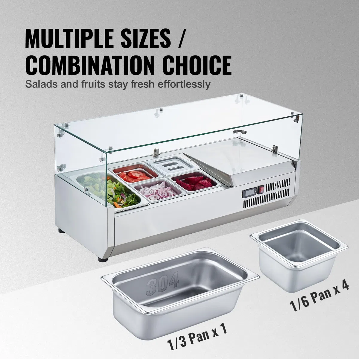 VEVOR Stazione di Preparazione Refrigerata per Condimenti da Banco 140 W Stazione di Preparazione per Frigorifero con 1 Vaschetta 1/3, 4 Vaschette 1/6, Corpo in Acciaio Inossidabile 304, Coperchio PC