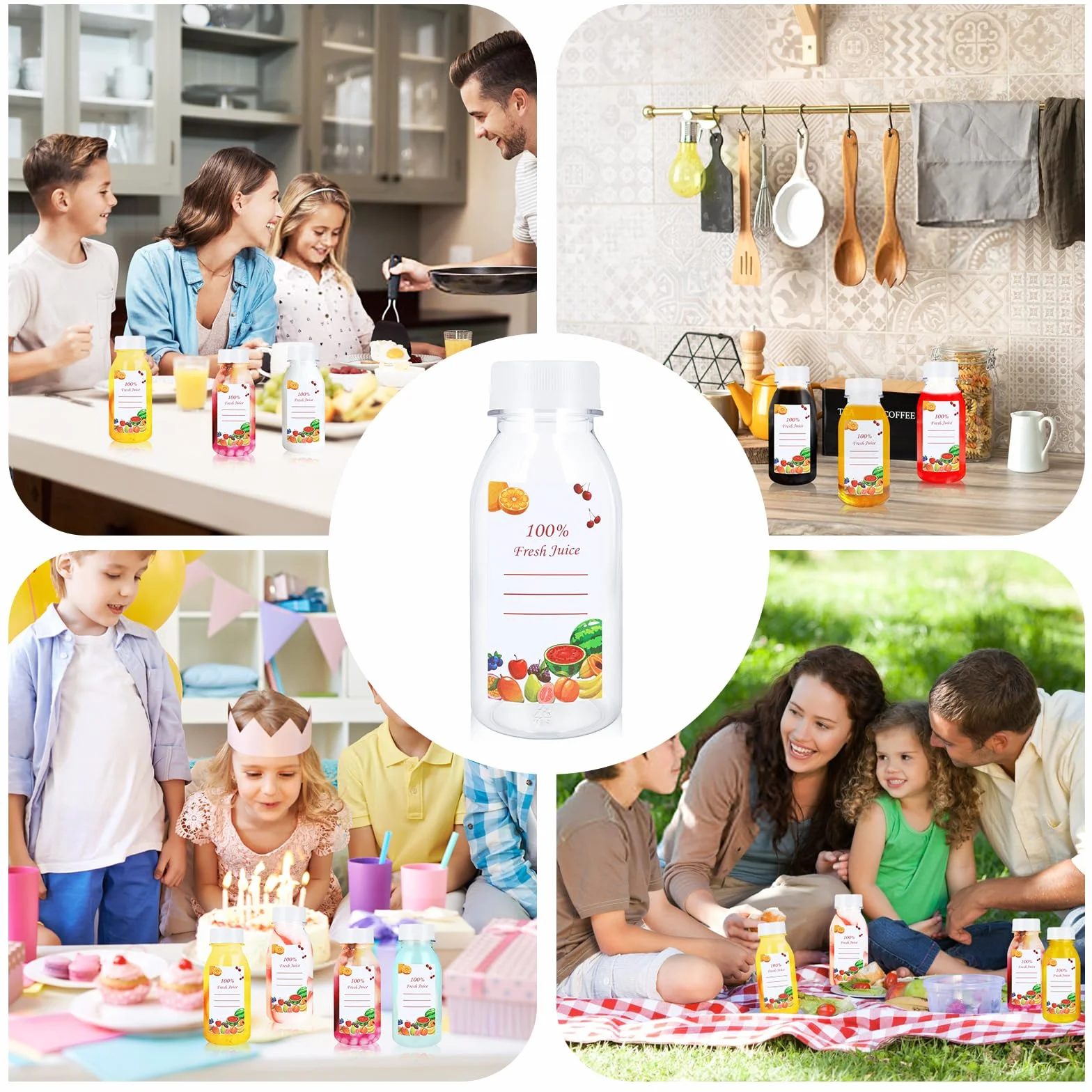 8 Pezzi Bottiglie di Plastica 200ml,Trasparenti Piccole Bottiglie per Bevande con Coperchio Nero e 8 Adesivi,Riutilizzabile Mini Bottiglia di Plastica per Conservare Succhi,Acqua e Bevande