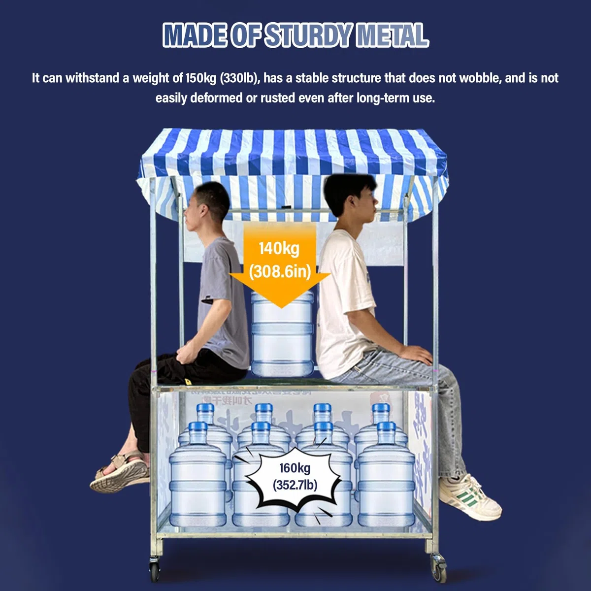 Carrello Da Vendita Mobile Per Esterni Con Tetto A Strisce, Banco Pieghevole Per Street Food, Snack E Bevande, Doppio Ripiano E Ruote Bloccabili, Ideale Per Mercatini Ed Eventi Pop-up
