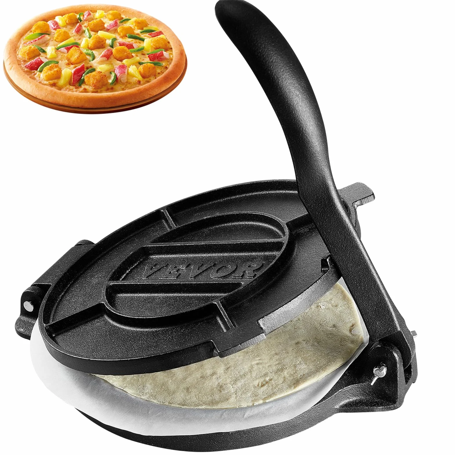 VEVOR Pressa Manuale per Tortilla, Pressa per Taco Diametro 25 cm, Pressa per Tortilla Piadine in Ghisa, Pressa Manuale per Tortilla con 100 Pezzi di Carta da Forno, Macchina per Impasto di Tortilla