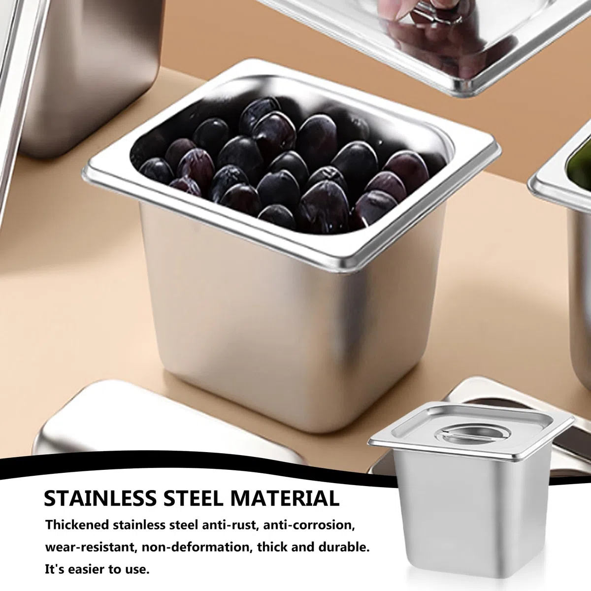 GOMETY 3 contenitori in acciaio inox 1/6 con coperchio, 17,6 x 16,2 x 10 cm, profondità padelle per hotel, altezza 100 mm, contenitore per alimenti, impilabile, contenitore per alimenti resistente al