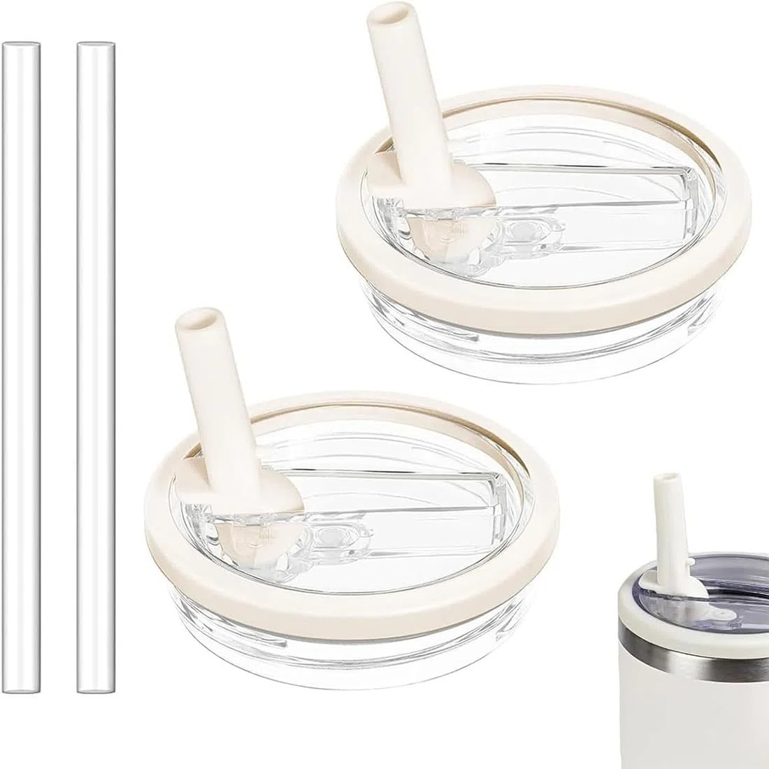 Sostituzione Del Coperchio Della Tazza Compatibile con Stanley Cup - Coperchi di ricambio riutilizzabili per Stanley da 40 oz, con 2 Cannucce, Anti-perdite e Anti-polvere(2 Pezzi, Beige)