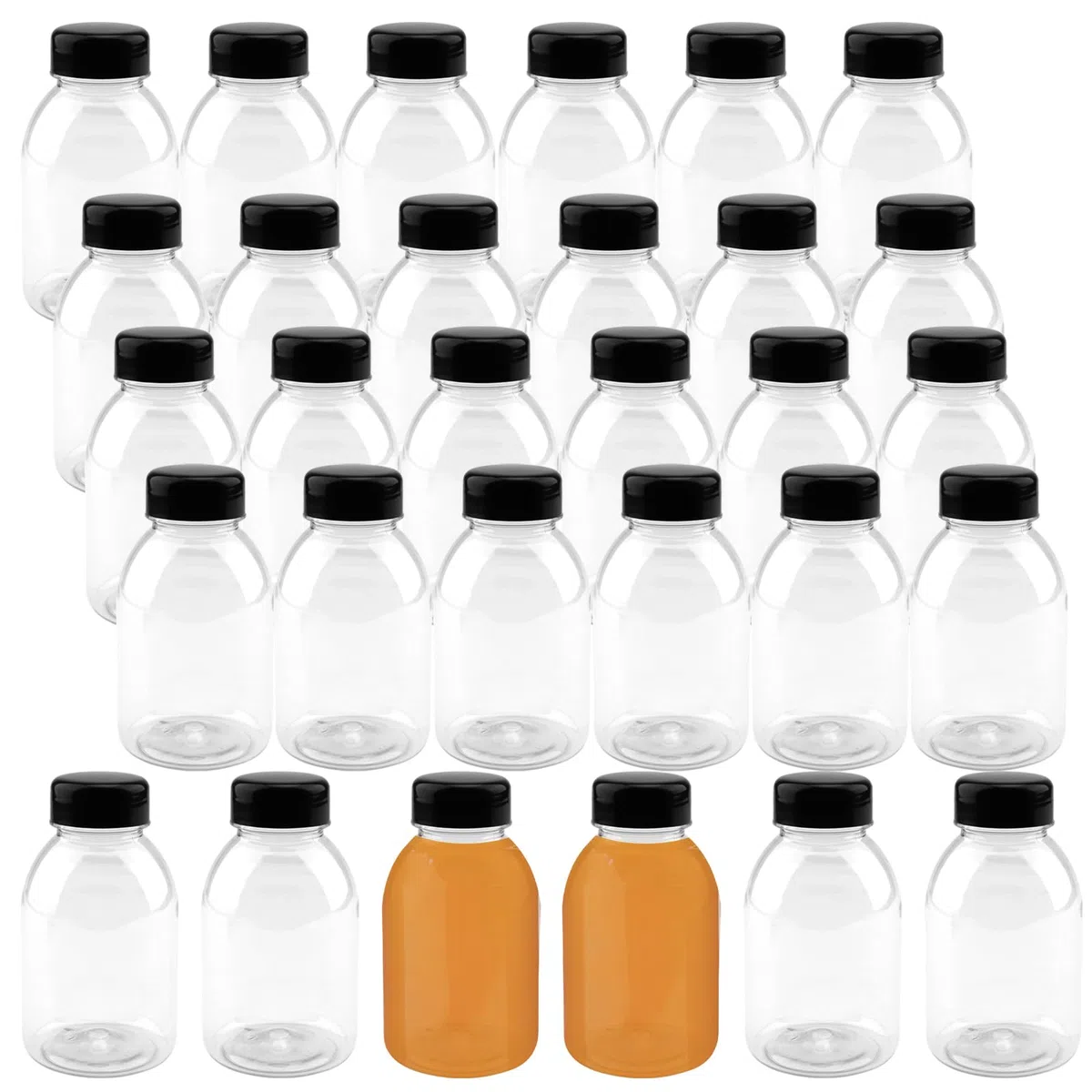 Confezione da 30 contenitori trasparenti riutilizzabili da 250 ml per succhi, latte e altre bevande, in plastica trasparente con coperchio nero, bottiglie vuote per succhi di frutta in PET