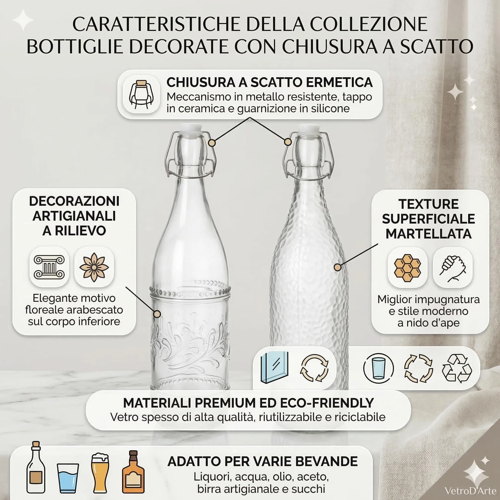 Bottiglie Decorative in Vetro con Chiusura Ermetica a Scatto, Set da 2, Design Floreale e Martellato, 9x31cm e 8x31cm, per Acqua e Bevande