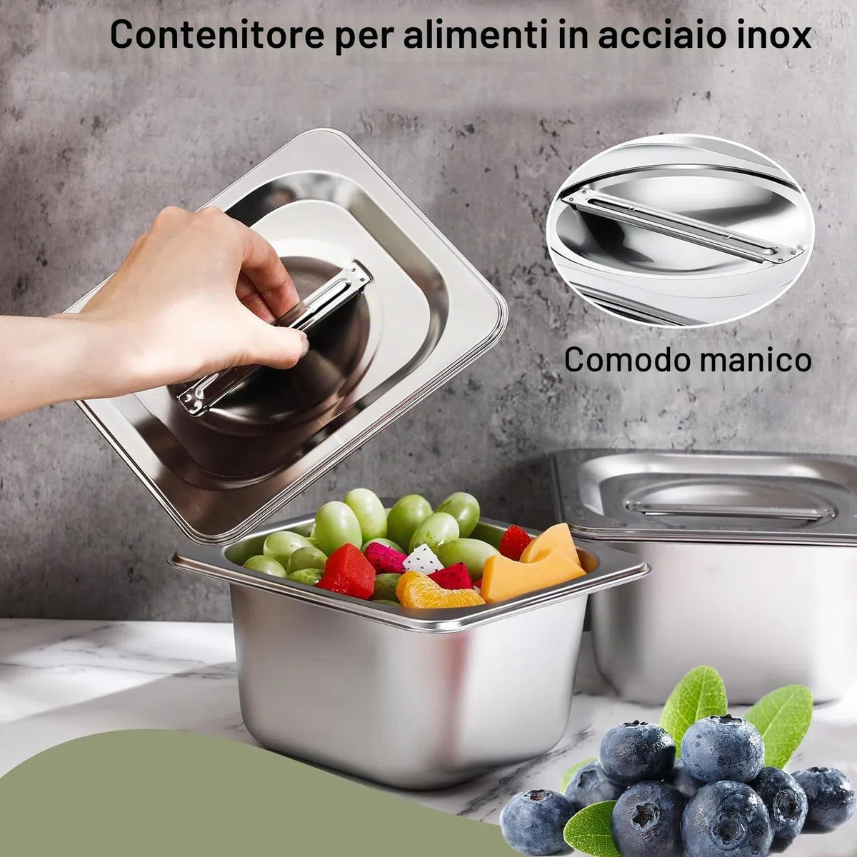 3 contenitore Gastro in acciaio inox coperchio, contenitore per gastronorm e alimenti