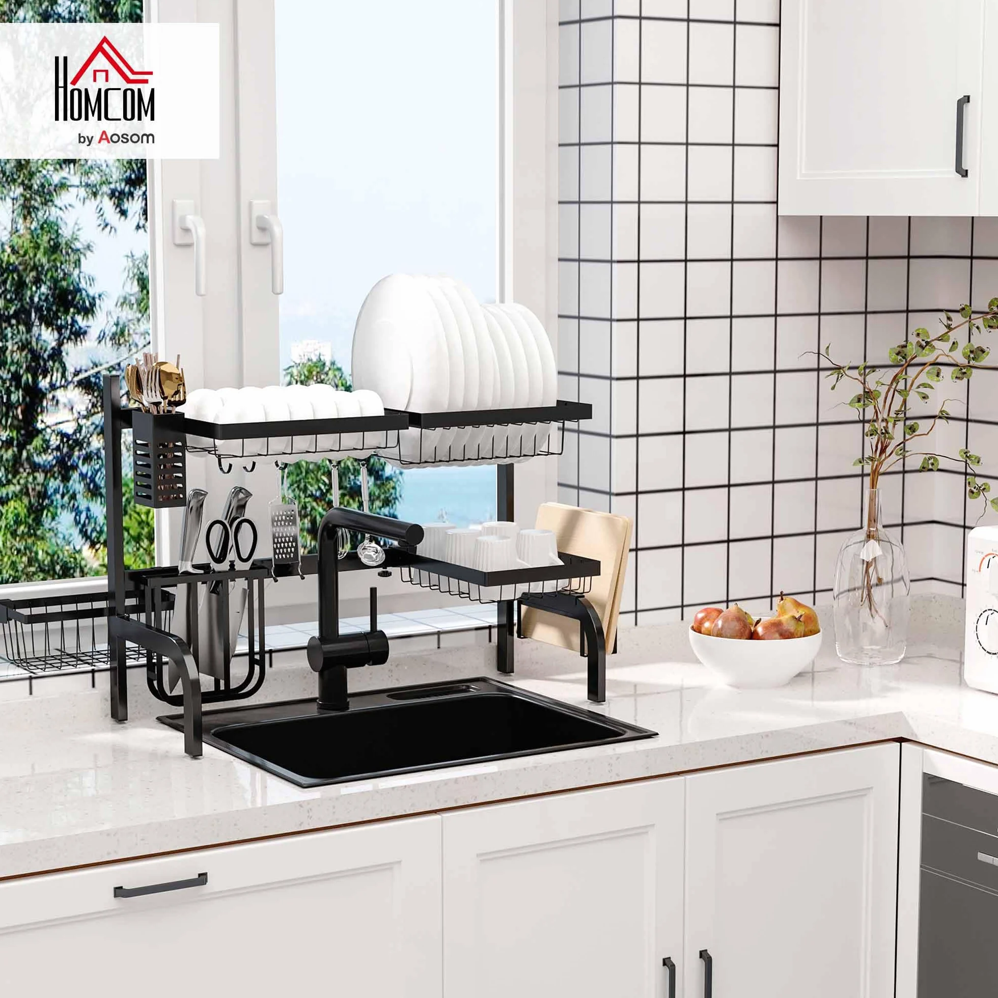 HOMCOM Scolapiatti sopra Il lavandino, essiccatore a 2 Livelli, Larghezza Regolabile da 51 a 93 cm, modulabili in Acciaio, Nero
