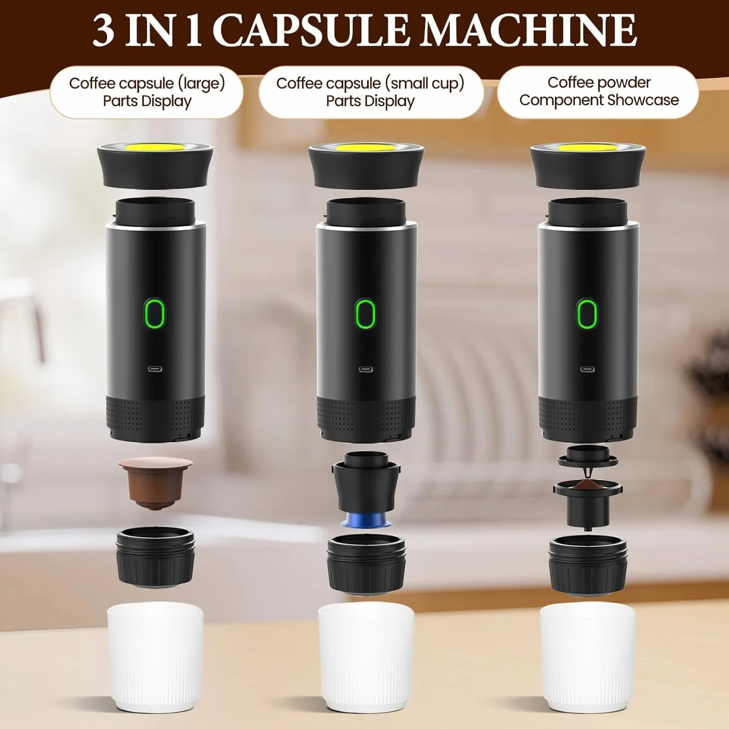 Generico 3 In 1 Macchina da Caffe Portatile, Macchina Caffè Portatile Multi Capsule, Macchina da Caffè Espresso Riscaldamento Rapido, Caffettiera Portatile Per Ufficio, Casa (Bianco)