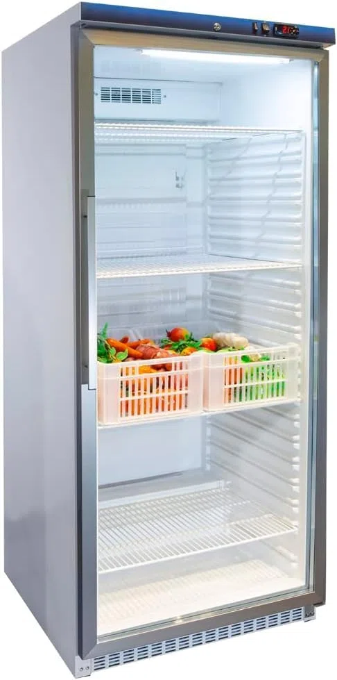 MBH- Frigorifero espositore verticale INOX con porta in vetro. Frigorifero espositore refrigerato 600 litri in acciaio inox. Vetrine frigo bibite per bar ristorante.