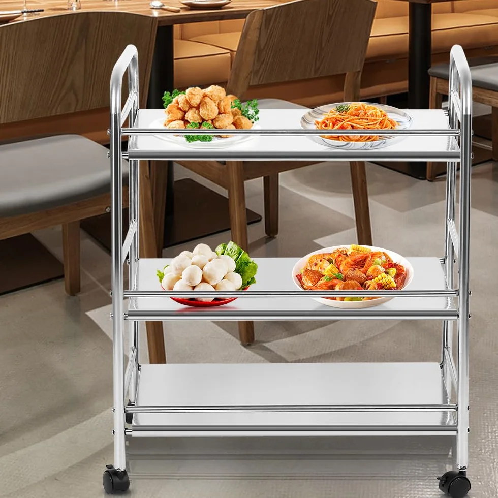 OHMG Carrello di servizio per cucina con ruote, 3 vassoi, in acciaio inox, per dessert, cucina, scaffali di stoccaggio, carrello di servizio ristorante (61 x 36 x 75 cm)