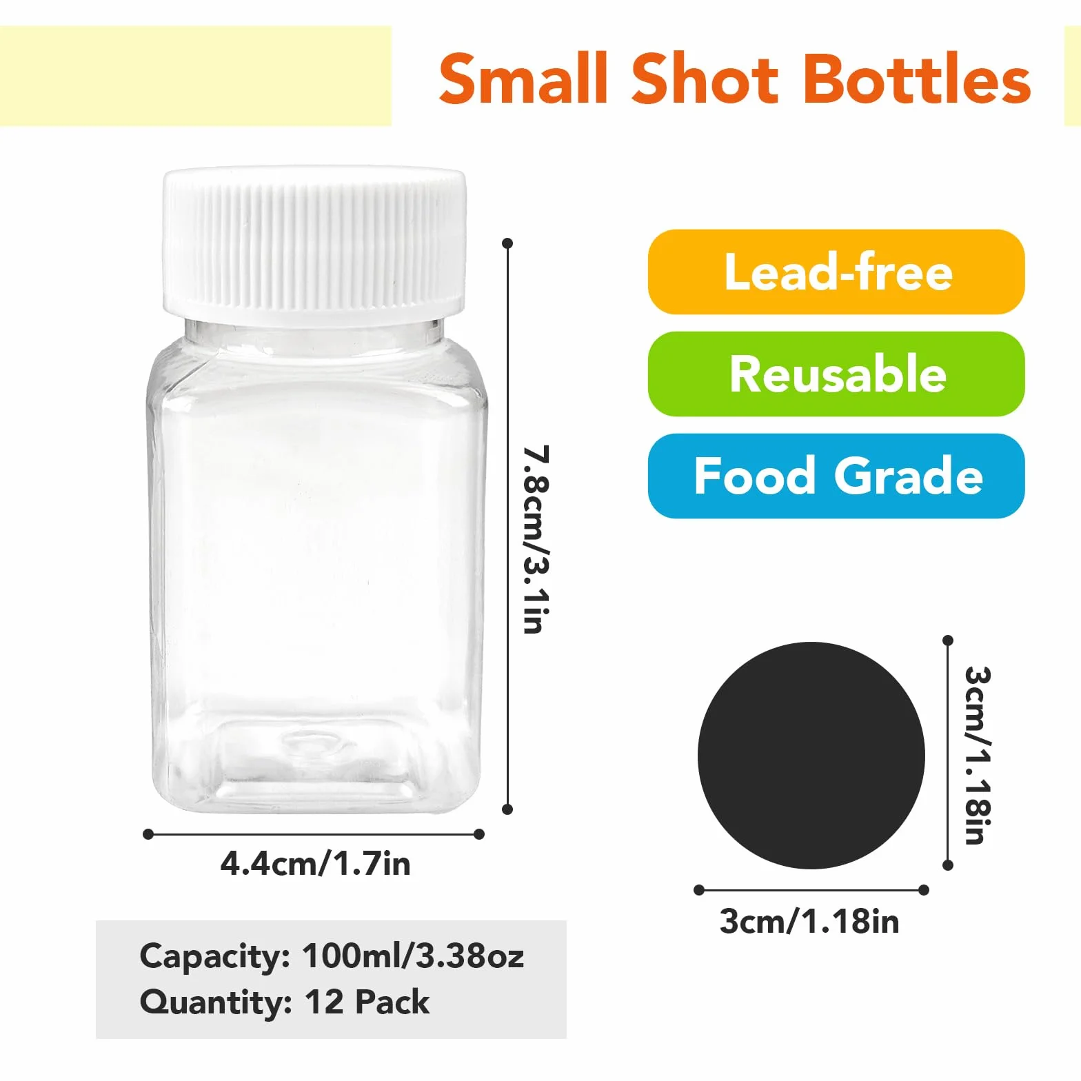 12 Pezzi Piccole Bottiglie per Shot da Riempire, Bottiglie Vuote in Plastica da 60ml/100ml per Smoothie e Succhi, Bottiglie per Shot con Etichetta, Bottiglie per Shot di Zenzero con Coperchio