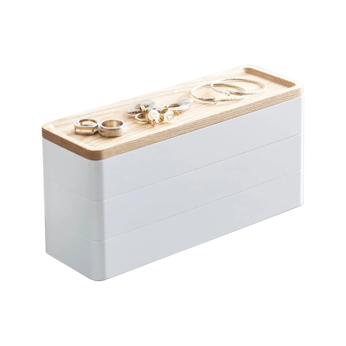 YAMAZAKI 5811 RIN 3Tiered Slim Accessory Case with Lid, white, ABS Resin/Wood, 24 x 8 x 11.5 cm