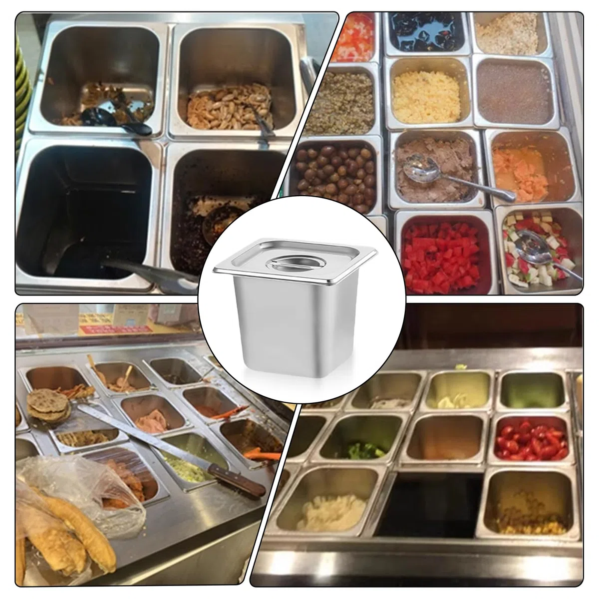 GOMETY 3 contenitori in acciaio inox 1/6 con coperchio, 17,6 x 16,2 x 10 cm, profondità padelle per hotel, altezza 100 mm, contenitore per alimenti, impilabile, contenitore per alimenti resistente al