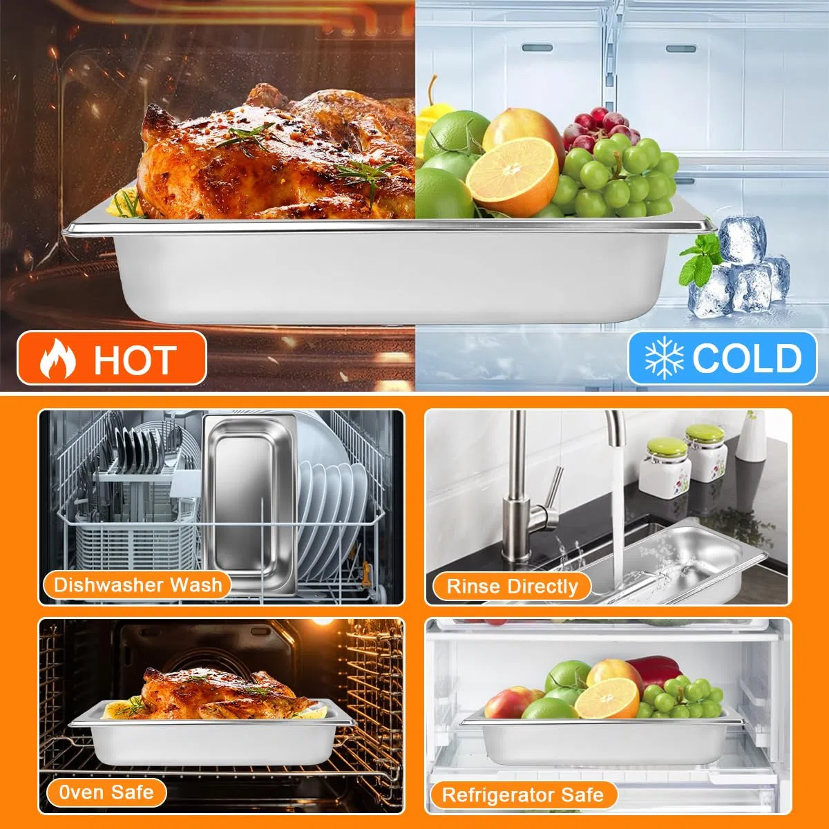 4 Set Ciotole per Impanare con 2 Pinze da Buffet, Contenitori GN con Coperchio Vassoi in Acciaio Inox con Coperchio 32.5*17.5*6.5cm Vassoio Rettangolare Portabile Teglie da Forno in Acciaio
