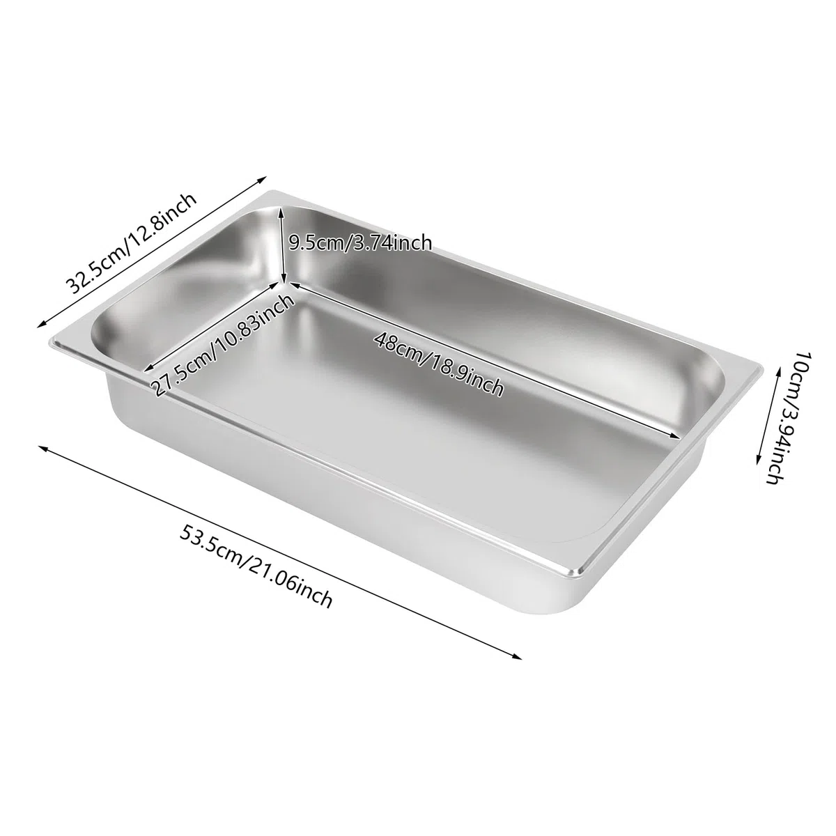 Set di 4 vassoi per alimenti GN 1/1 in acciaio inox 9L, 53,5 x 30,5 x 10 cm, piatto da cucina profondo per buffet, ristorante, cantina