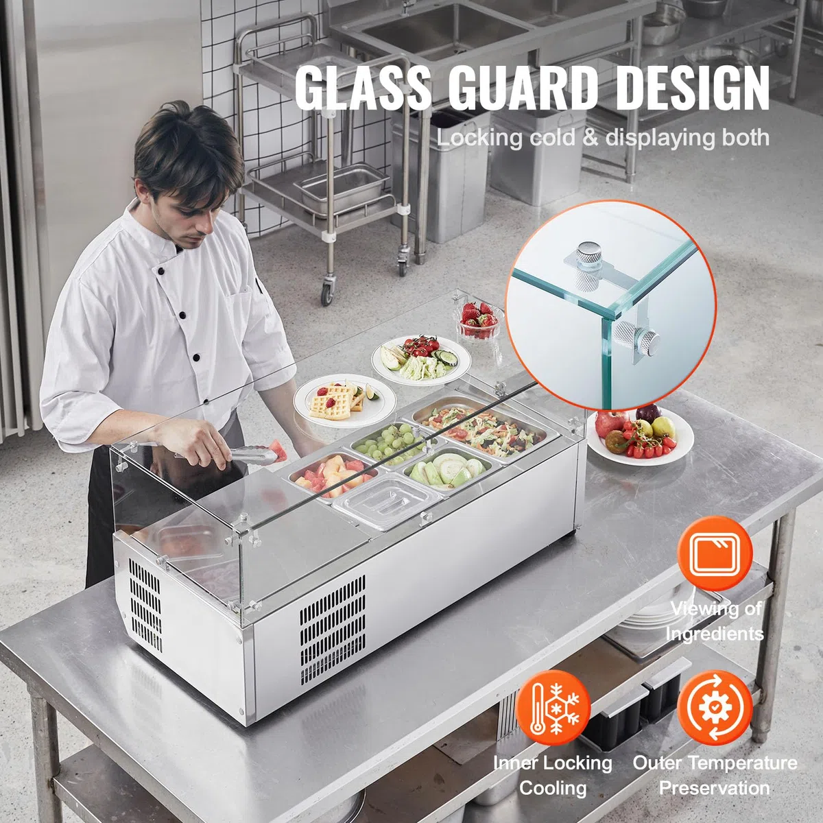 VEVOR Stazione di Preparazione Refrigerata per Condimenti da Banco 140 W Stazione di Preparazione per Frigorifero con 1 Vaschetta 1/3, 4 Vaschette 1/6, Corpo in Acciaio Inossidabile 304, Coperchio PC