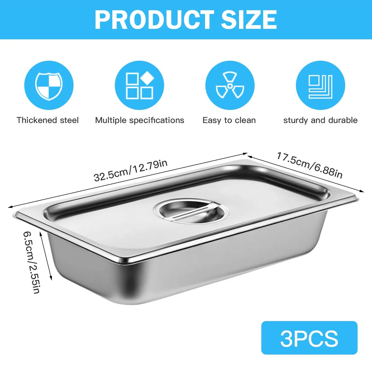 Set di 3 vaschette da panier, 32,5 x 17,5 x 6,5 cm, in acciaio inox GN 1/3, contenitore per gas in acciaio inox con coperchio, in metallo Panierstrasse rettangolare, panierstrasse per braciole