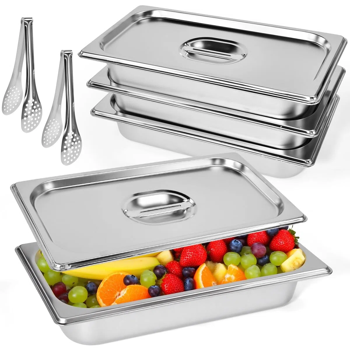 4 Set Ciotole per Impanare con 2 Pinze da Buffet, Contenitori GN con Coperchio Vassoi in Acciaio Inox con Coperchio 32.5*17.5*6.5cm Vassoio Rettangolare Portabile Teglie da Forno in Acciaio