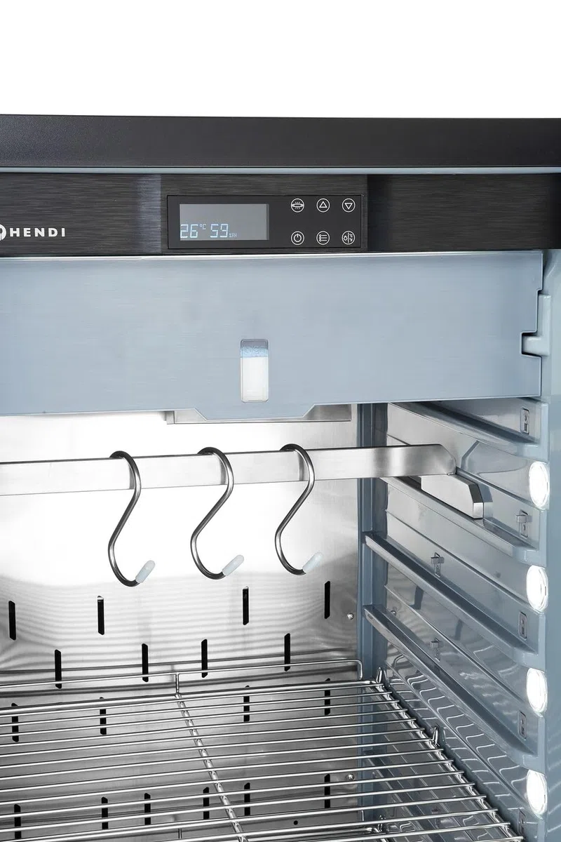 HENDI Armadio frollatura carne, vetrina cabina camera frigo per la frollatura a secco della carne, 233L, 220-240V, 170W, 595x760x(H)1270mm, vetro temprato, acciaio inox 18/10