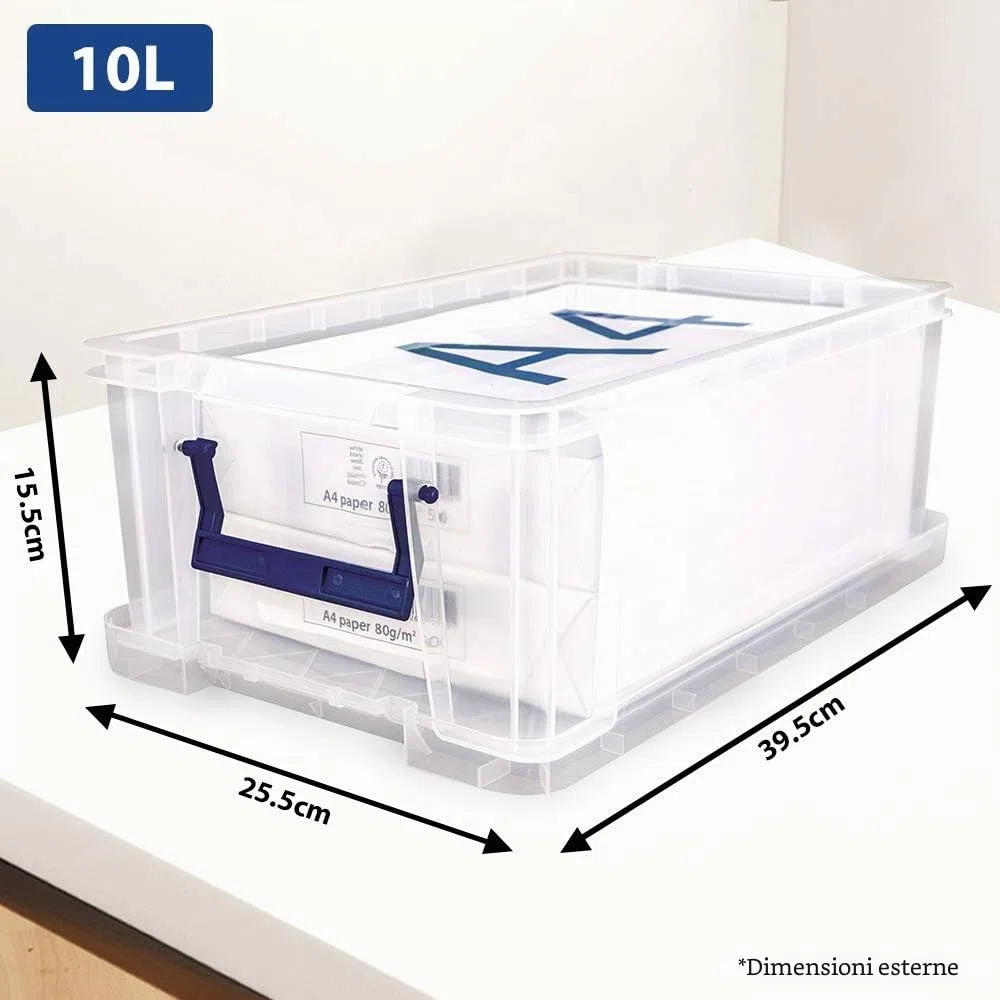 Bankers Box Prostore scatola porta oggetti in plastica con coperchio, 10 litri, impilabile, scatole per armadio super resistenti, dimensioni 14x34x21.5 cm, contenitori plastica trasparente, 1 pezzo
