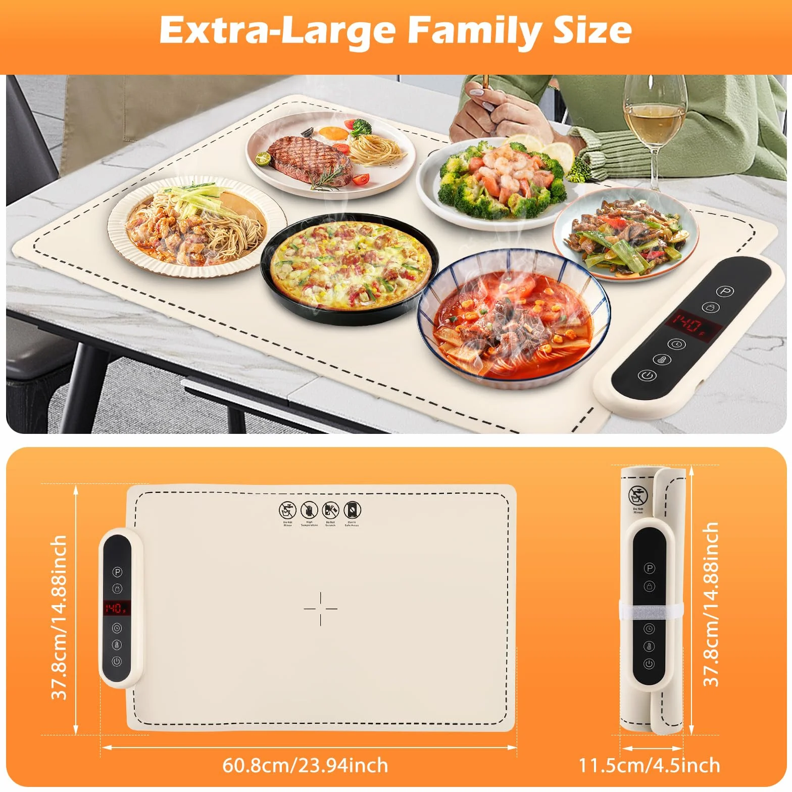 Scaldapiatti Elettrico Portatile in Silicone, 60 x 37,8 cm, 6 Livelli di Temperatura, 24 Timer, Impermeabile per Buffet e Pasti di Famiglia