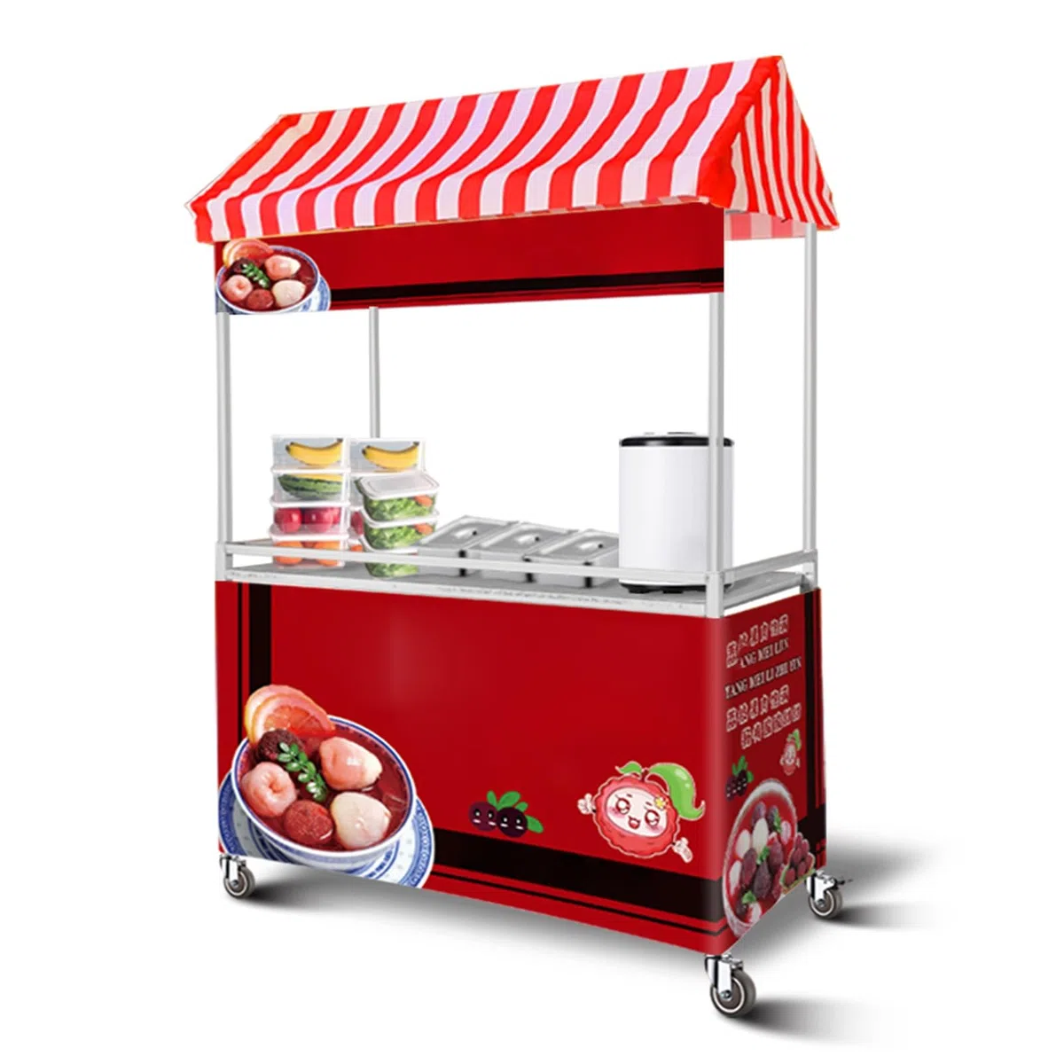 Carrello Da Vendita Mobile Per Esterni Con Tetto A Strisce, Banco Pieghevole Per Street Food, Snack E Bevande, Doppio Ripiano E Ruote Bloccabili, Ideale Per Mercatini Ed Eventi Pop-up