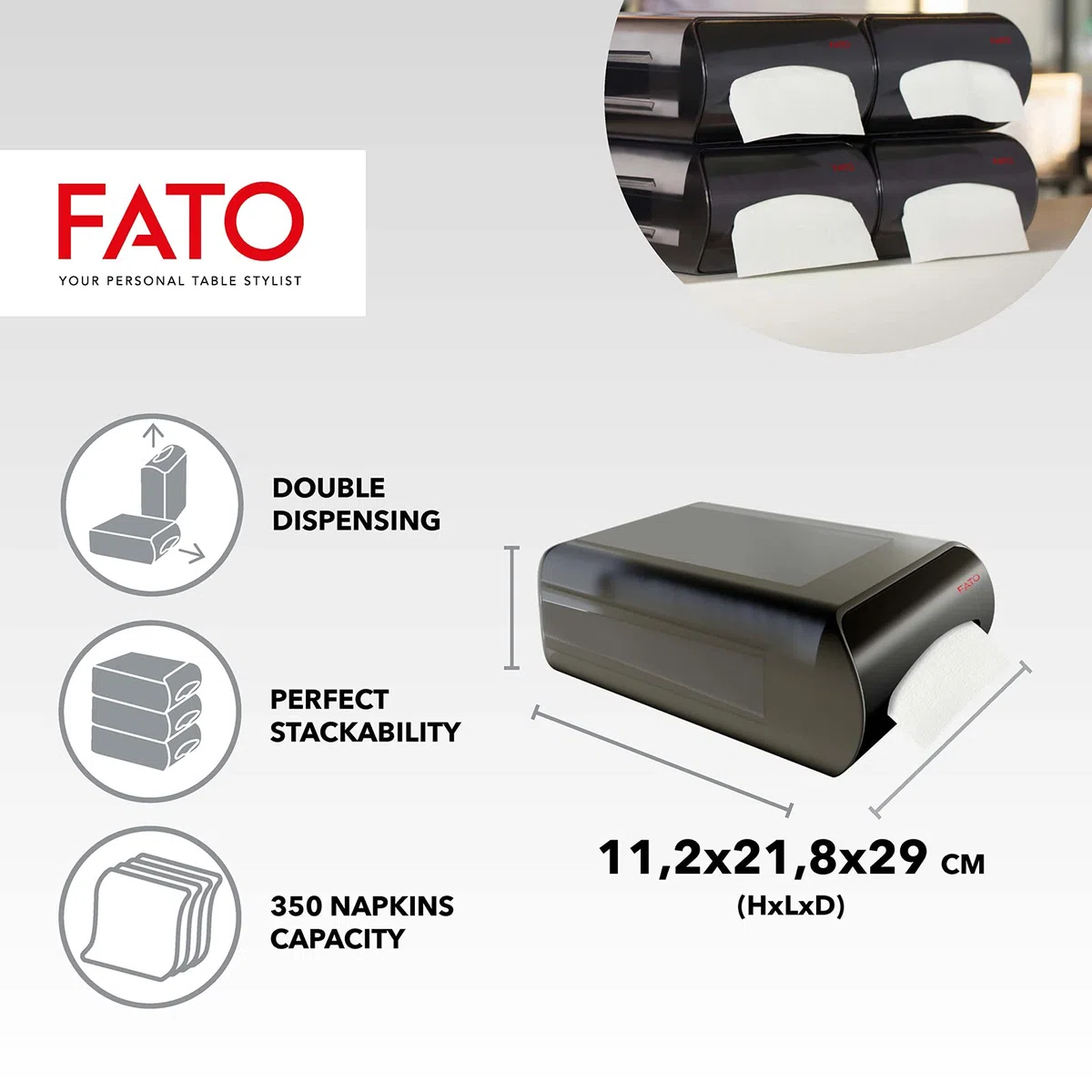 Fato - Dispenser Sovrapponibile Counter Mod per Tovaglioli Intercalati 16x24, Sistema Nap-by-Nap, Utilizzabile su Tavolo o Bancone, ABS, Colore Nero