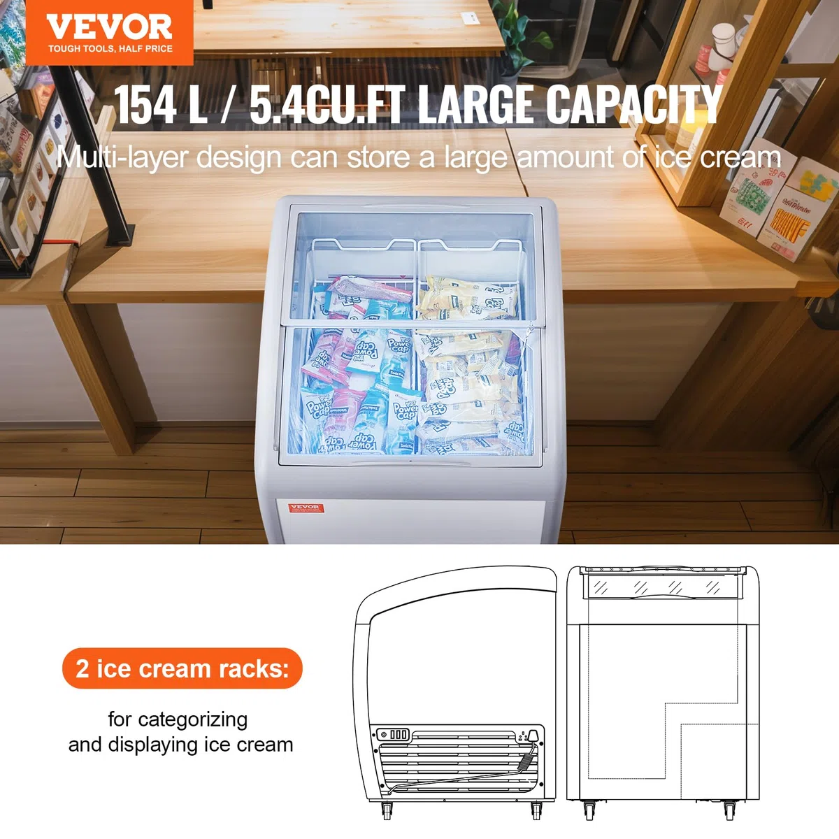 VEVOR Vetrina per Gelato Commerciale 665 x 705 x 875 mm Congelatore Mobile 154 L Vetrina per Gelateria con Piano Vetro, 2 Cestelli Metallici, 2 Porte Scorrevoli in Vetro, Ruote di Bloccaggio, Bianco