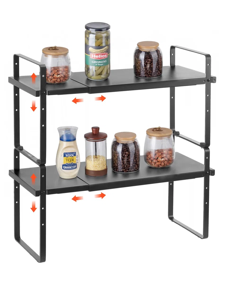 VEVOR Organizzatore per Ripiani Regolabili per Mobili, Ripiano Espandibile a 2 Livelli di Stoccaggio per Dispensa, Organizzatore Impilabili da Banco per Cucina, Bagno, Nero 650x220x500 mm