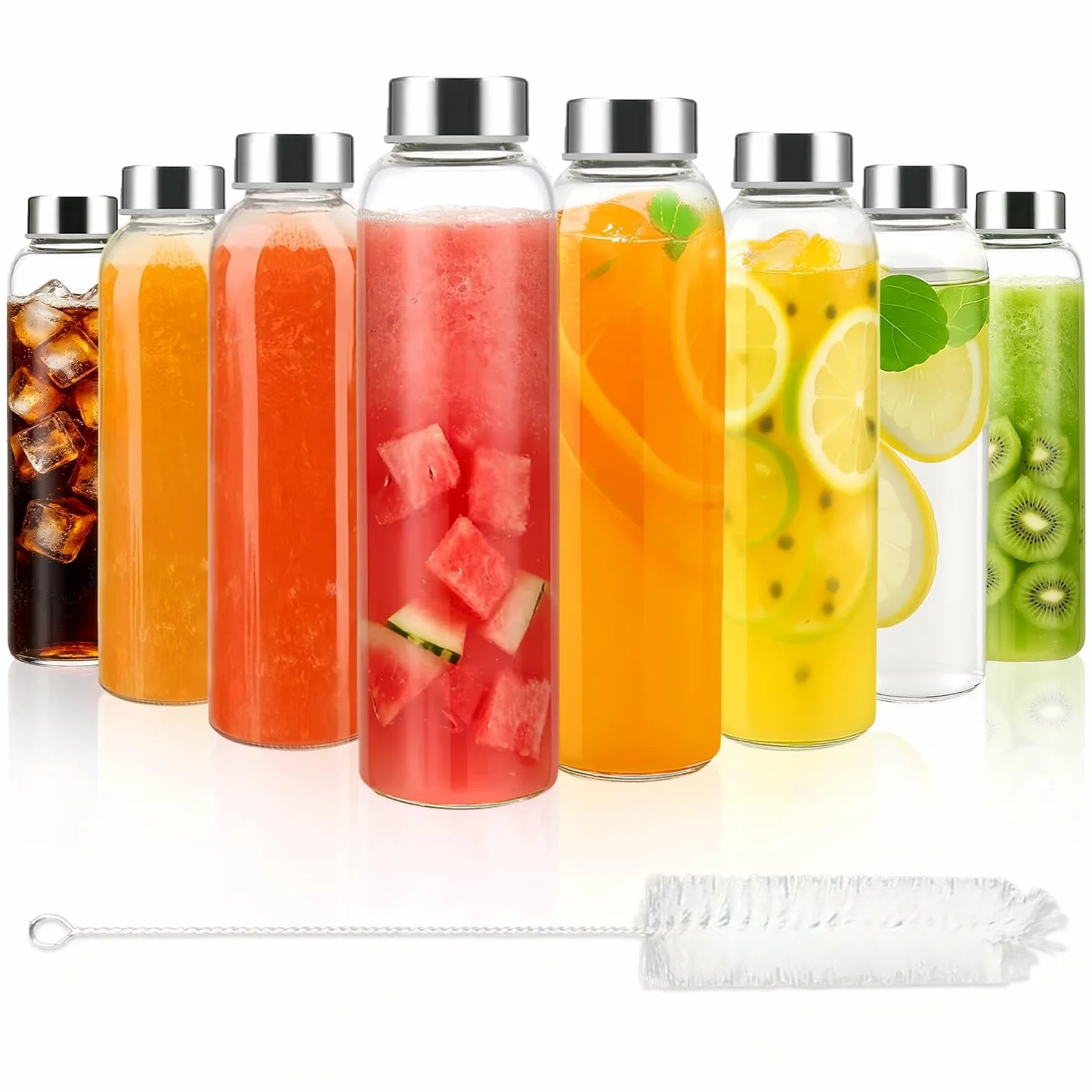 Eidoct 8 bottiglie d'acqua in vetro con coperchio, 500 ml, riutilizzabili, a prova di perdite, bottiglie in vetro trasparente per succhi, barattoli per salse, bevande calde e fredde, latte, con