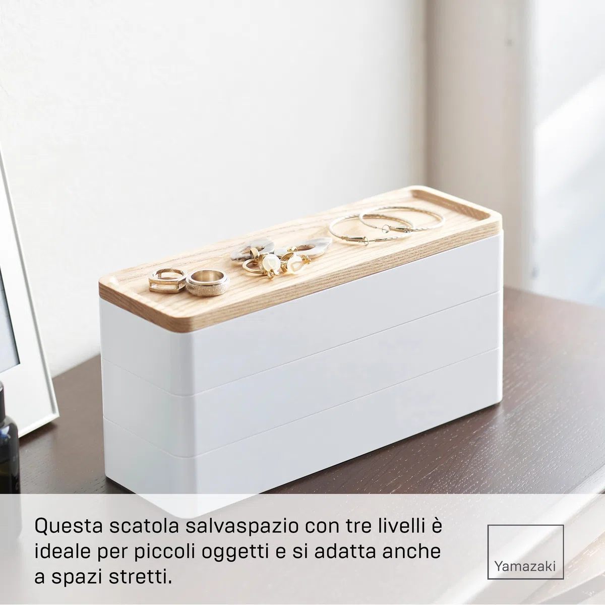 YAMAZAKI 5811 RIN 3Tiered Slim Accessory Case with Lid, white, ABS Resin/Wood, 24 x 8 x 11.5 cm