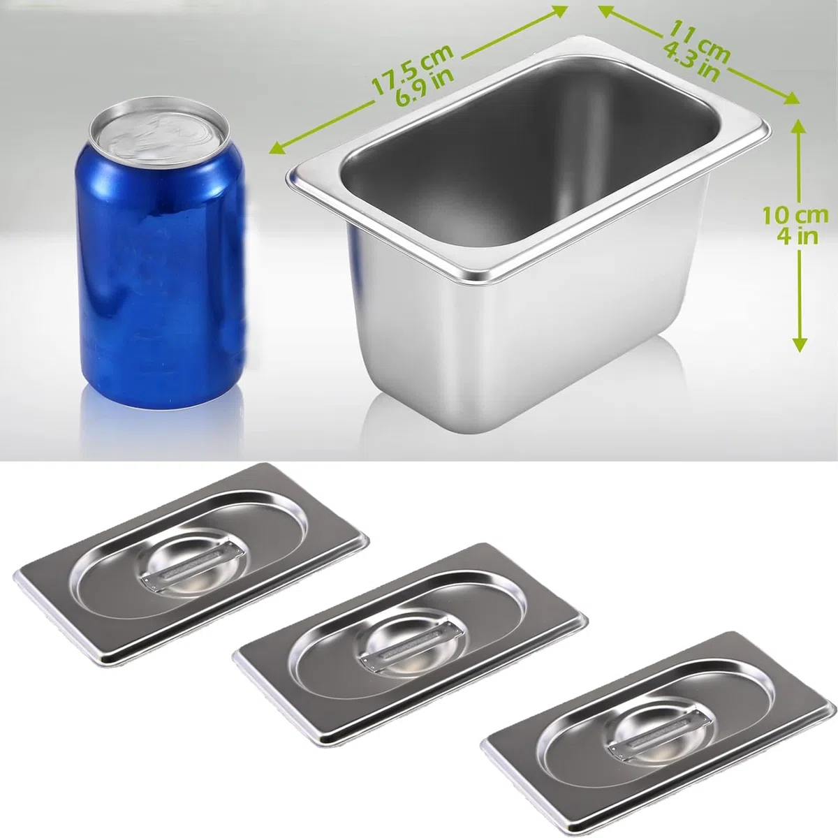 5 contenitori in acciaio inox 1/9 con coperchio, 100 mm di altezza, contenitore per alimenti in acciaio inox, resistente al calore, 17,5 x 11 x 10 cm